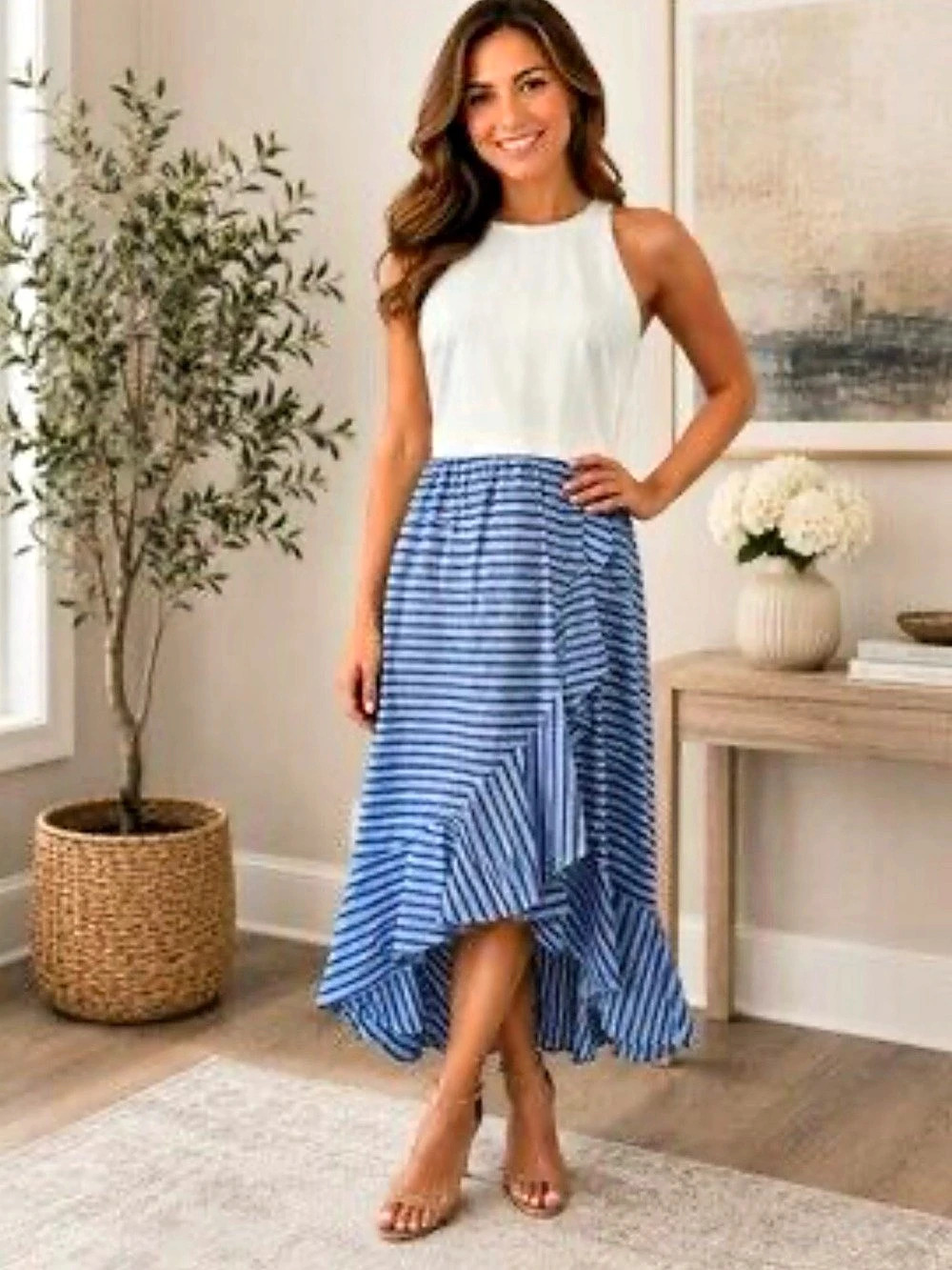 Vince Camuto Stripe Sleeveless Ruffle Hem High-Low Midi Dress White & Blue Size